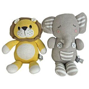 Theodore Elephant And Leo Lion Knitted Plush Living Textiles With Rattle Toy